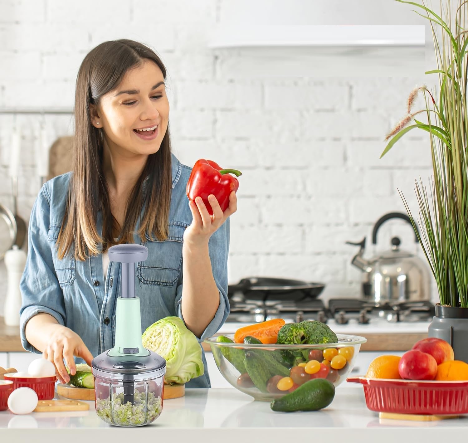 Push Chopper 1100 ML | 4 Blade Vegetable Cutter for Kitchen | Chops Onion, Tomato, Ginger, Garlic Easily